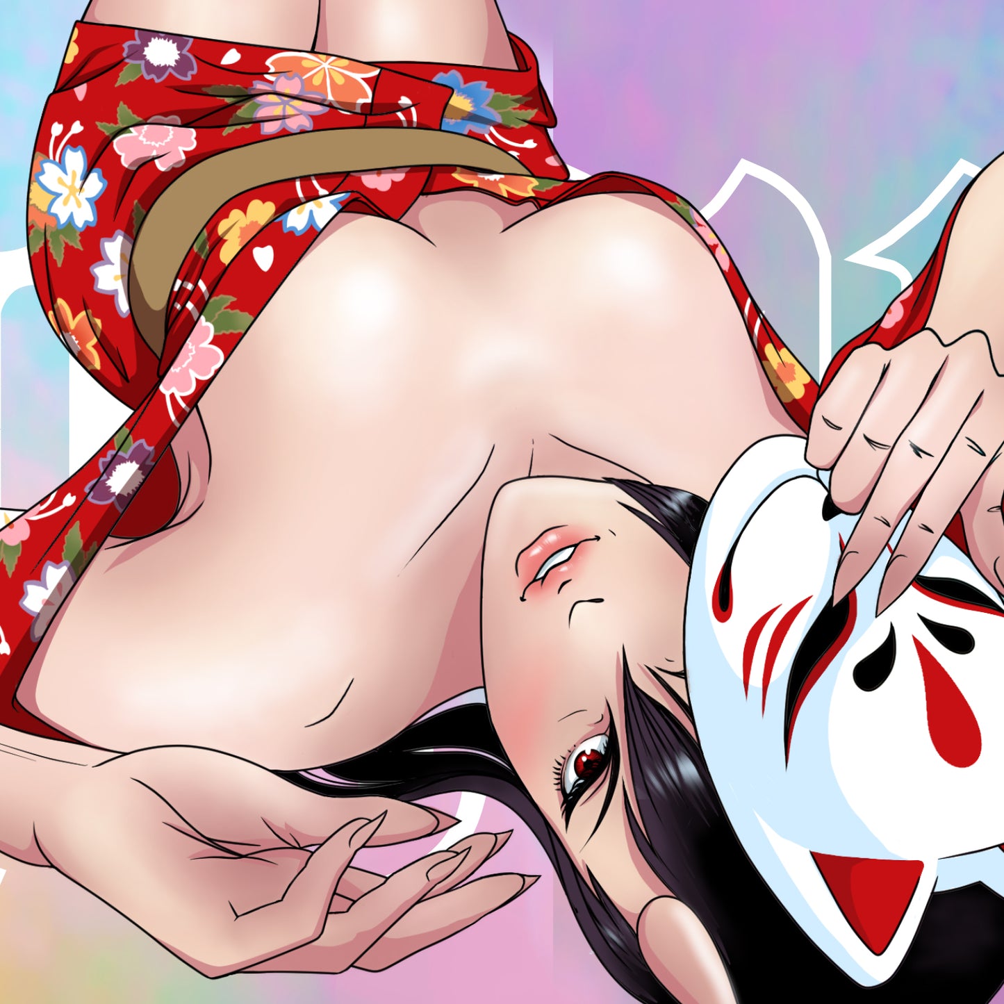 Yamiwave Logo Oni Girl Fox Mask Pinup Spot Holo Slap Sticker