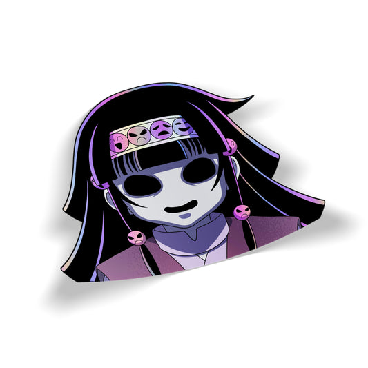 A kiss cut sticker of Alluka or "Something" from the manga and anime series Hunter x Hunter. It is glossy with spots of rainbow holographic foil on the hair, headband, and hair beads.