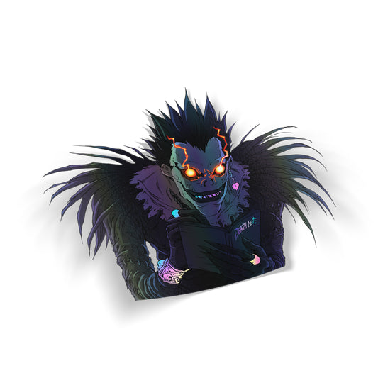 A kiss cut sticker of the character Ryuk from the anime and manga series Death Note. It is glossy and rainbow holographic with light trails from the eyes.